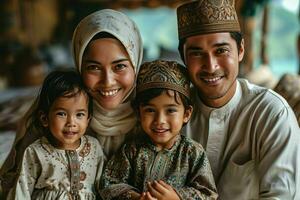 ai genererad porträtt av en Lycklig asiatisk muslim familj i traditionell kläder. generativ ai foto
