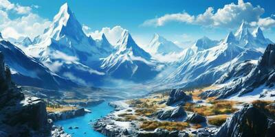 ai genererad illustration av en stor snöig berg landskap med en sjö Nedan. vinter- berg. generativ ai foto