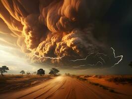 ai genererad stormig himmel med blixt- strejker i de öken. sandstorm landskap. generativ ai foto