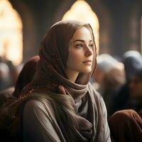 ai genererad skön muslim kvinna i hijab sitter i moské, lyssnande till predikan, generativ ai foto