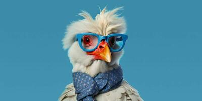 ai genererad söt och rolig kyckling bär glasögon och tillfällig utrusta. generativ ai foto