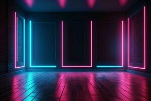 ai genererad modern mörk rum med lysande neon rader med retro 80s stil. trogen interiör med laser effekt. generativ ai foto