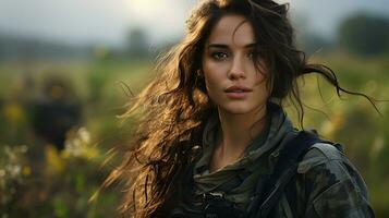 ai genererad porträtt av en lång håriga kvinna soldat i de gräsmark. kvinnor i militär enhetlig. generativ ai foto