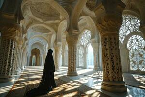ai genererad muslim med niqaab promenader i de lyxig interiör av en moskén. muslim kvinnor på moskén. generativ ai foto