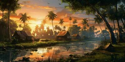 ai genererad skön landskap av by med med kokos hårlock på solnedgång. generativ ai foto