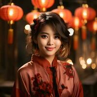 ai genererad skön kort håriga asiatisk kvinna i traditionell klänning med suddig lykta bakgrund. asiatisk kvinnor fira de lunar ny år festival. generativ ai foto