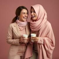 ai genererad Lycklig ung muslim kvinna med henne vän skrattande tillsammans och innehav en kopp av kaffe. generativ ai foto