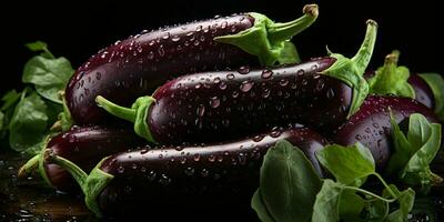 ai genererad färsk äggplanta med vatten droppar. grupp av aubergine. generativ ai foto