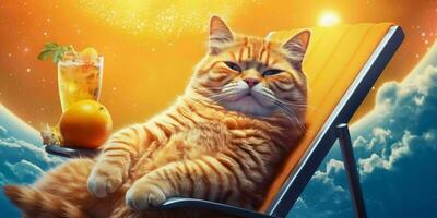 ai genererad orange katt kylning och liggande på en Sol vilstol njuter orange juice med solsken. generativ ai foto