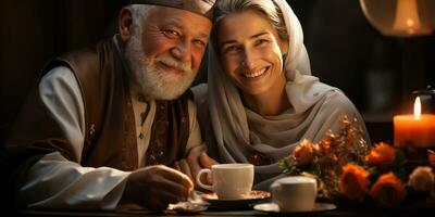 ai genererad Lycklig och romantisk gammal muslim par. generativ ai foto
