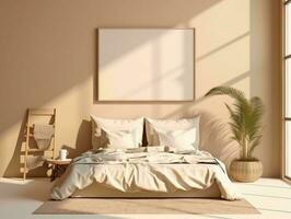 ai genererad minimalistisk beige säng rum interiör design med tom vit bild ram mockup. generativ ai foto