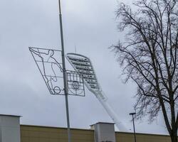 begrepp skott av de projekt ljus byggd till belysa de stadion. utomhus foto