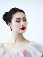 ai genererad porträtt av ung japansk kvinna bär balett klänning på isolerat vit bakgrund, ai generativ foto