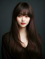 ai genererad porträtt av skön ung koreanska kvinna med lång hetero hår med mjuk lugg, ai generativ foto
