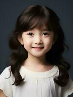 ai genererad porträtt av söt och skön liten japansk flicka, leende uttryck, isolerat svart bakgrund, ai generativ foto