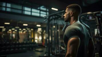 ai genererad sida se porträtt av en sportsman ser på Träning Utrustning, med en Gym i de bakgrund foto