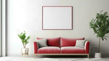 ai genererad röd soffa och vilstol i lägenhet, modern levande rum interiör design, attrapp ram begrepp i enkel bekväm levande rum interiör, 3d tolkning foto