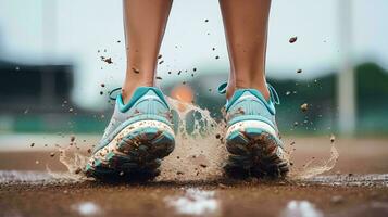 ai genererad de tillbaka se av en kvinnas fötter i sporter skor joggning på de fält när den regnar ger de effekt av vatten stänk på de sulor av de skor foto