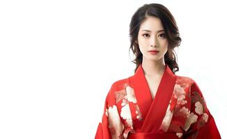 ai genererad porträtt av ung japansk kvinna modell bär kimono Framställ graciöst, studio Foto, isolerat vit bakgrund foto
