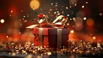 ai genererad röd gåva låda med en gåva bunden med en band rosett och ett explosion av confitti fyrverkeri, för hjärtans dag, födelsedag eller jul Semester ny år bakgrund foto