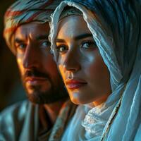 ai genererad porträtt av en mitten östra muslim par i traditionell klänning. generativ ai foto