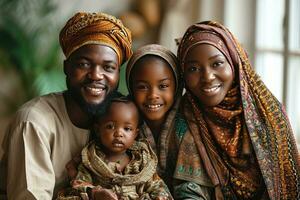 ai genererad porträtt av en Lycklig afrikansk muslim familj i traditionell kläder. generativ ai foto