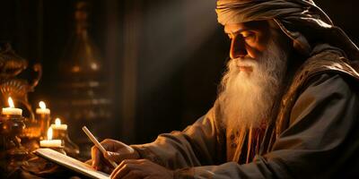 ai genererad ett äldre muslim man läser de al quran förbi levande ljus. generativ ai foto