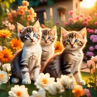 ai genererad de kattungar i en trädgård full av blommor, Leonardo davince stil, sätta massor av detaljer i de bakgrund med de solnedgång foto