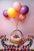 födelsedag kaka med färgrik ballonger foto