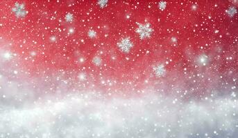 ai genererad jul bakgrund med snöflingor och stjärnor på en röd bakgrund. foto