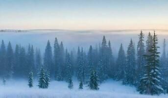 ai genererad vinter- landskap med gran träd täckt med snö i de skog på solnedgång foto