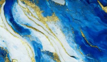 ai genererad blå, vit och guld abstrakt akryl bakgrund. marmorering konstverk textur. guld pulver. agat krusning mönster foto