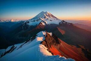 ai genererad skymning över snöig elbrus topp foto