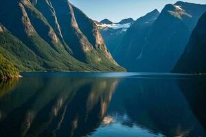 ai genererad fjord reflektioner i lugna vattnen foto