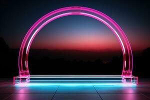 ai genererad ljus blå och rosa piedestal med neon belysning. foto