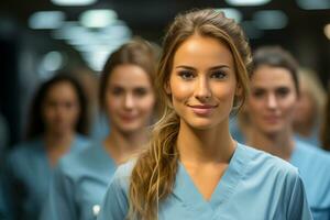 ai genererad leende sjuksköterska i grön täcka står i främre av patientens rum i sjukhus. foto