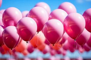 ai genererad närbild av rosa ballonger flygande i de luft. foto