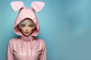 ai genererad kvinna bär kanin öron på blå bakgrund. foto