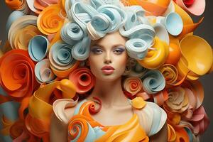 ai genererad en flicka med vit smink och orange ballonger på henne huvud, och orange hår. foto