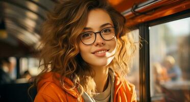 ai genererad porträtt av en flicka med vågig hår och bär glasögon. foto