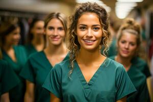 ai genererad leende sjuksköterska i grön täcka står i främre av patientens rum i sjukhus. foto