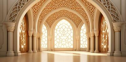 ai genererad elegant stor moské dörr båge interiör foto