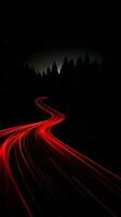 ai genererad bil ljus spår på de väg. lång exponering Foto tagen i en skog