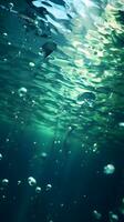 ai genererad under vattnet se av de vatten yta med bubblor och Sol strålar foto