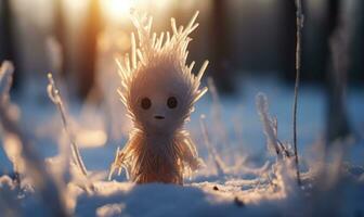 ai genererad frysta docka på de snö i de vinter- skog på solnedgång. små figur av fantasi varelse tillverkad från is i de snö med bokeh belysning. foto