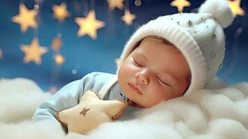 ai genererad söt bebis sovande lugnt med de stjärnor ovan honom. ai genererad illustration. foto