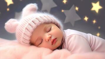 ai genererad söt nyfödd bebis i rosa hatt sover med stjärnor ovan henne huvud. ai genererad illustration. foto