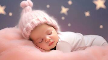 ai genererad söt nyfödd bebis flicka med en rosa hatt sovande på en moln på en grå bakgrund med stjärnor. ai genererad illustration. foto