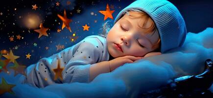 ai genererad söt liten bebis sovande i en spjälsäng på de natt starry himmel bakgrund. ai genererad illustration. foto