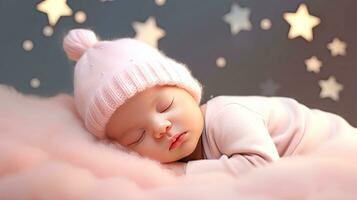 ai genererad söt nyfödd bebis sovande i en rosa hatt med stjärnor ovan henne huvud. ai genererad illustration. foto